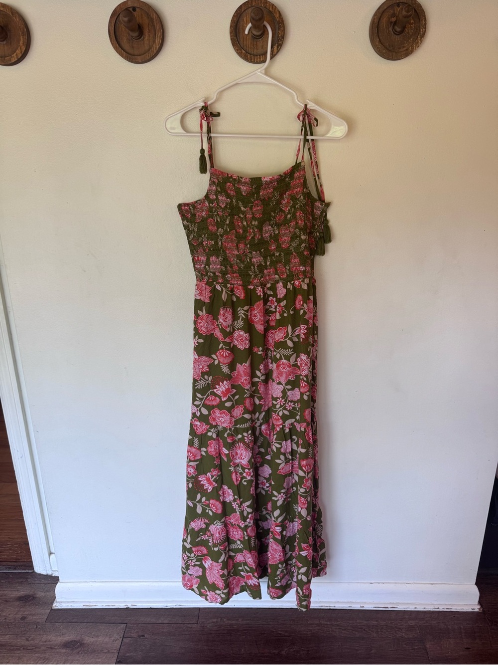 Patrons of Peace Olive Green Maxi Dress with Pink Floral Print size large
